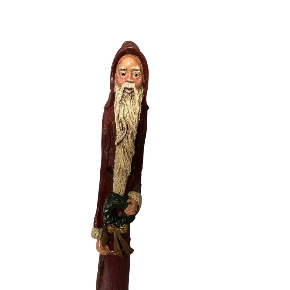 Tall Slender Santa Claus Figurine Folk Art Style Burgundy Hooded Wreath 12 inch‎